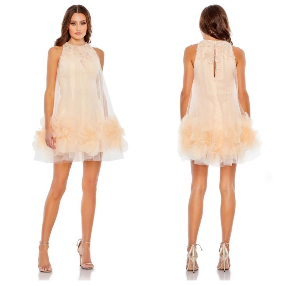 Mac Duggal Halter Neck Flowy Petal A-Line Mini Dress Peach Size 10 Nwt